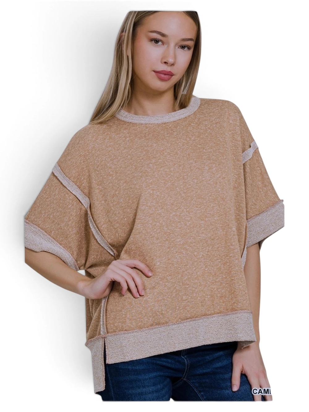 Zenana French Terry Exposed Seam Sweatshirt Small Medium - Camel/ Tan